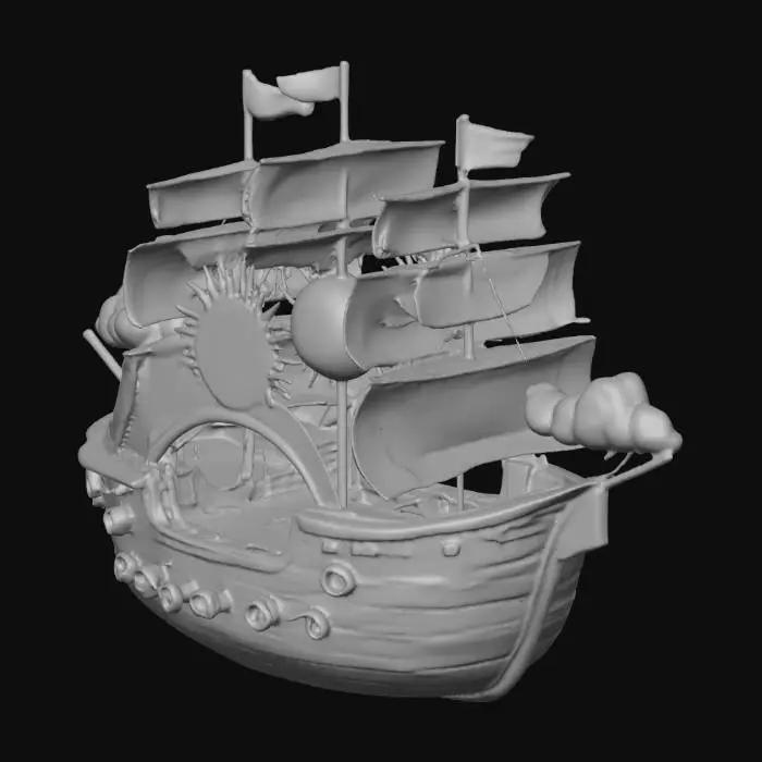 3D model for amusement park pirate ship in the shape of a rainbow with the center at the top being a sun and a cloud at each end