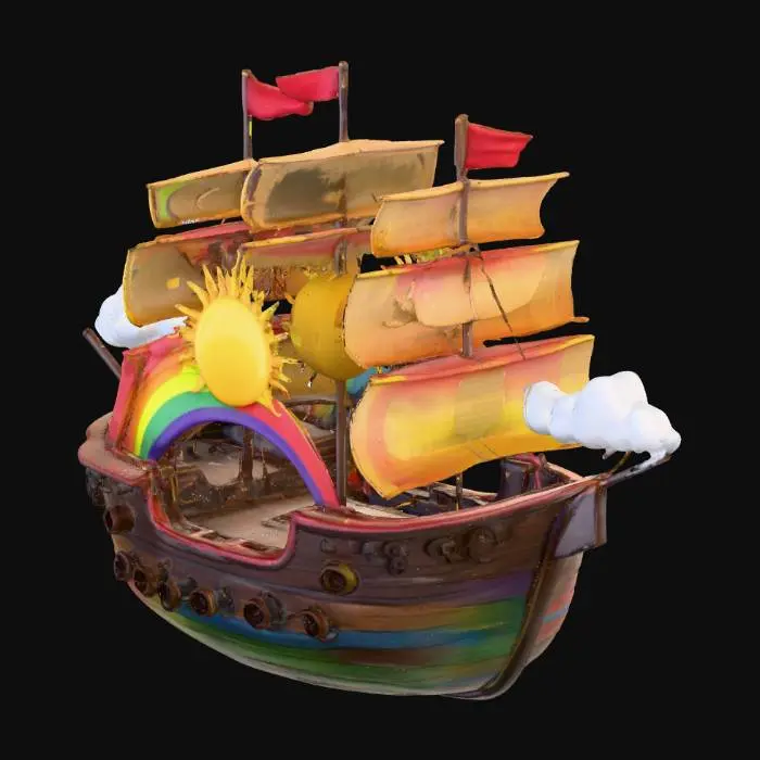 3D model for amusement park pirate ship in the shape of a rainbow with the center at the top being a sun and a cloud at each end
