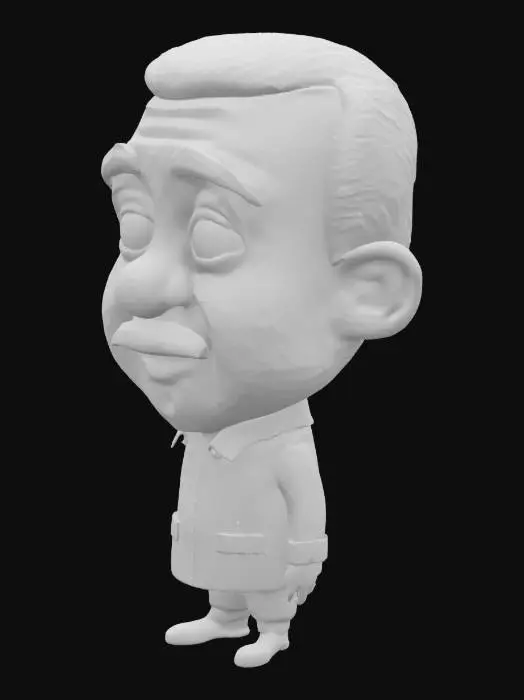 3D model for Create a highly stylized, chibi version of Recep Tayyip Erdoğan's head. The overall proportion should be exaggerated and cute, with large expressive eyes, small nose and mouth, and simplified facial features. Focus on capturing the essence of Erdoğan's likeness while maintaining the whimsical and childlike quality characteristic of chibi 