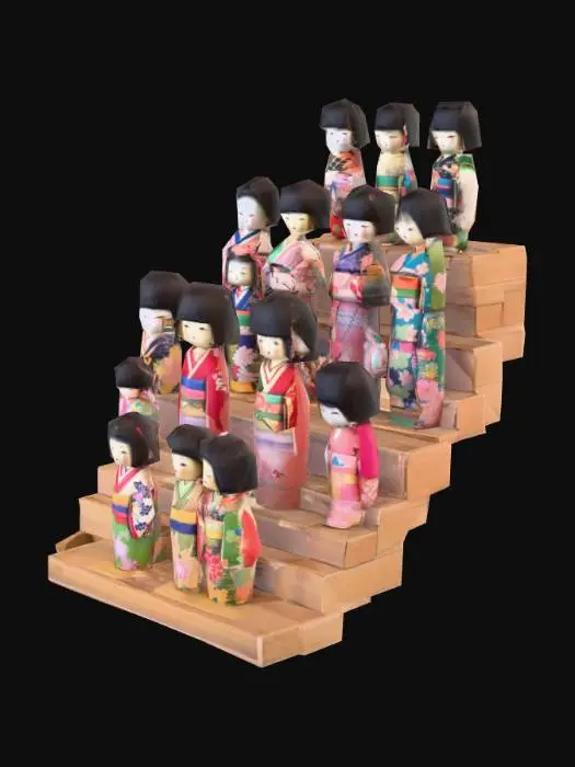 3D model for A bunch of japanese dolls kept on a multi level or multi staired show case