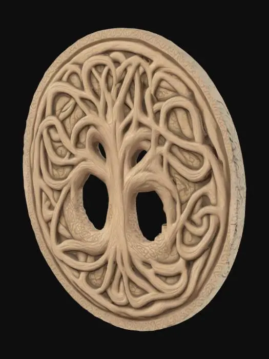 3D model for celtic round medallion, warm light gray and taupe colors, dirty, Celtic Tree of Lifel, celtic designs, aging, Simple organized uv map for texturing.