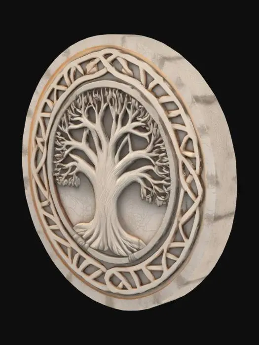 3D model for celtic round medallion, warm light gray and taupe colors, dirty, Celtic Tree of Life, celtic designs, aging, Simple organized uv map for texturing.
