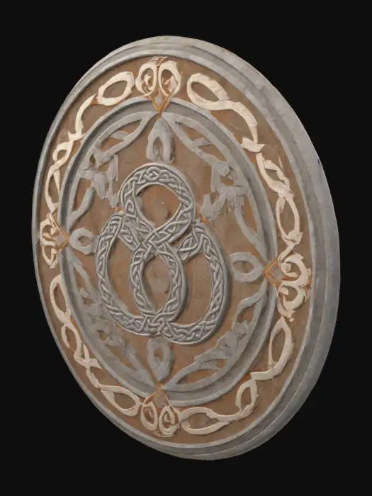 3D model for celtic round medallion, warm light taupe color, triskele symbol, celtic designs, Simple organized uv map for texturing.
