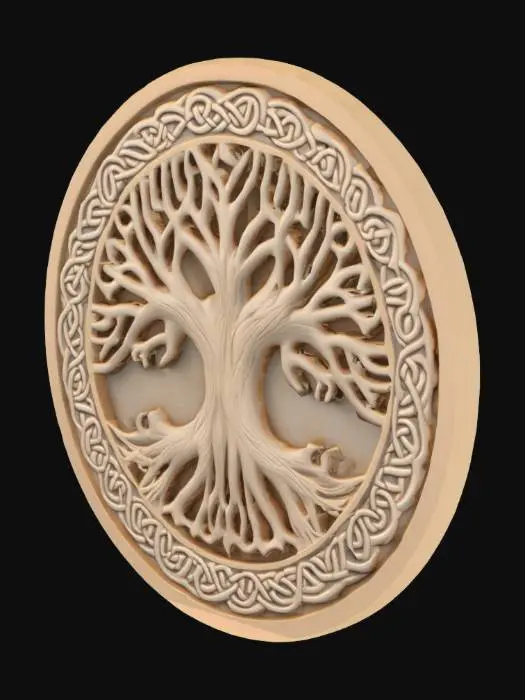 3D model for celtic round medallion, warm light gray and taupe colors, dirty, Celtic Tree of Lifel, celtic designs, aging, Simple organized uv map for texturing.