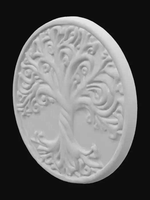 3D model for celtic round medallion, warm light gray and taupe colors, dirty, Celtic Tree of Lifel, celtic designs, aging, Simple organized uv map for texturing.
