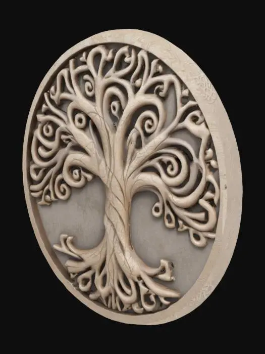 3D model for celtic round medallion, warm light gray and taupe colors, dirty, Celtic Tree of Lifel, celtic designs, aging, Simple organized uv map for texturing.