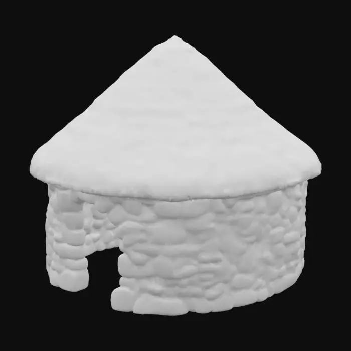 3D model for huge large Celtic Roundhouse, 3d model, amber colored conical detailed thatched roof, natural small tiny stones on building exterior and interior solid walls, variety of stone tones tints and shades, open and clean empty interior, propless, earth, rustic, all natural realistic colors, photorealism, historically accurate, realistic, aged, bottomless, floorless, windowless, groundless,