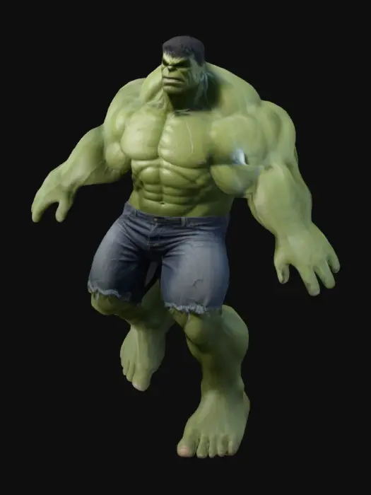 3D model for A stylized t-pose character of The Hulk, Topological Precision, Edge Flow, UV Mapping, Surface Detail, Normal Map, PBR Textures, Subdivision Level, Non-Uniform Scaling, Anatomical Accuracy, Edge Loops, Symmetry Preservation, Precision in Proportions, Seamless Surface, Subsurface Scattering, Lod (Level of Detail), Retopology, Baked Details, Rigging Ready, Advanced Material Definition, Hard Surface Accuracy, Polycount Optimization.,