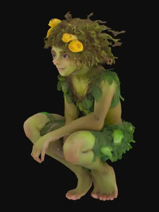 3D model for PUCK – A Midsummer Night's Dream
Prompt:
A mischievous forest sprite with elfin features, greenish glowing skin, leafy garments, wild curly hair with flowers and twigs, glowing eyes, barefoot, crouched playfully on a tree branch, magical dust around him, smiling slyly.