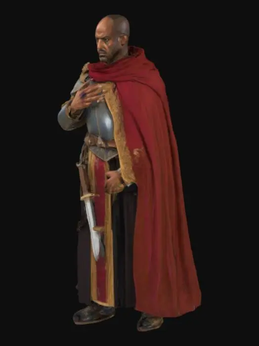 3D model for OTELLO – Prompt:
A powerful Moorish general in ornate Venetian military armor, dark skin, bald or close-cropped hair, golden-trimmed cloak, tragic and noble expression, scarred face, standing with a hand on his chest and a dagger at his belt.