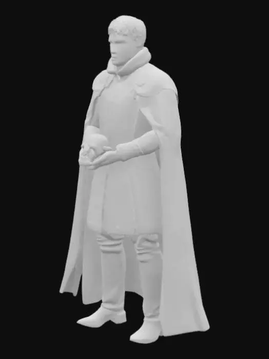 3D model for  AMLETO (Hamlet) 
Prompt:
A Danish prince in a dark, theatrical outfit – black doublet and cloak, silver embroidery, pale and thoughtful face with sharp cheekbones, short wavy hair, intense eyes, holding a human skull in one hand, moody and philosophical expression.