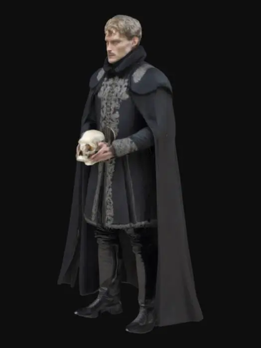 3D model for  AMLETO (Hamlet) 
Prompt:
A Danish prince in a dark, theatrical outfit – black doublet and cloak, silver embroidery, pale and thoughtful face with sharp cheekbones, short wavy hair, intense eyes, holding a human skull in one hand, moody and philosophical expression.