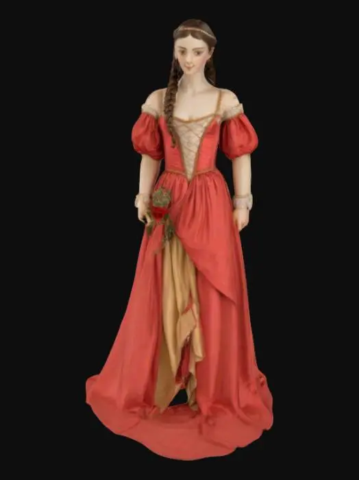 3D model for GIULIETTA dell'opera Romeo e Giulietta
Prompt:
A beautiful teenage noblewoman from 16th century Verona, wearing a flowing silk gown in soft red and gold, long braided dark hair with pearls, delicate and dreamy facial features, pale skin, graceful posture, holding a letter or a rose.