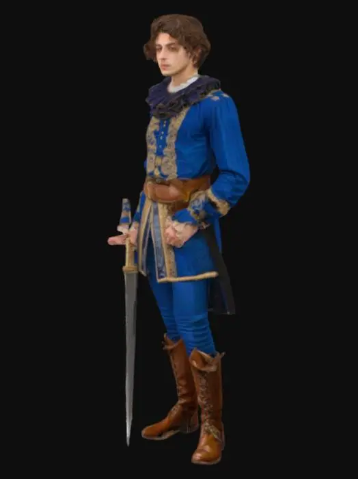3D model for  Romeo e Giulietta
Prompt:
A handsome young Italian nobleman from the late Renaissance era, wearing elegant doublet and hose in deep blue and gold, ruffled collar, leather boots, shoulder-length curly brown hair, expressive and romantic face, slim athletic build, sword at his side, dramatic pose.