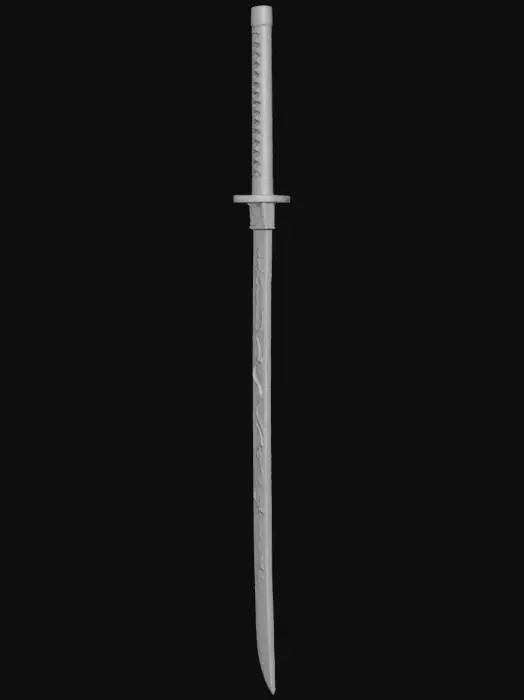3D model for White and black Japanese katana designed as a Roblox back accessory. Minimalist elegant style. White blade with black engraved oriental dragon patterns. Black scabbard with white dragon design. Vertical text on the scabbard reading “GLOOCK” in normal letters but styled like Japanese brush calligraphy. High contrast, clean shapes, stylized for Roblox, no realism, no brand logos, no real kanji, fantasy symbols only. Dramatic lighting, neutral background.
