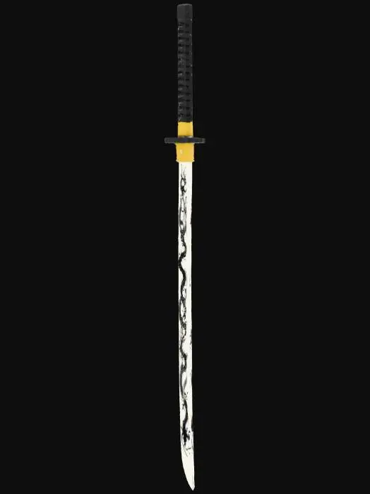 3D model for White and black Japanese katana designed as a Roblox back accessory. Minimalist elegant style. White blade with black engraved oriental dragon patterns. Black scabbard with white dragon design. Vertical text on the scabbard reading “GLOOCK” in normal letters but styled like Japanese brush calligraphy. High contrast, clean shapes, stylized for Roblox, no realism, no brand logos, no real kanji, fantasy symbols only. Dramatic lighting, neutral background.