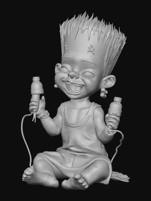3D model for Design a 3D Frankenstien that looks cartoonish and looking like a baby with a diaper, bib and bottle.  The bottle is on the floor dripping milk.  Pose the baby Frankenstein sitting on the floor holding two electrode clamps with electricity arcing between them as the baby laughs with joy.  #Halloween2025#