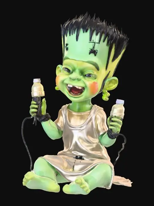 3D model for Design a 3D Frankenstien that looks cartoonish and looking like a baby with a diaper, bib and bottle.  The bottle is on the floor dripping milk.  Pose the baby Frankenstein sitting on the floor holding two electrode clamps with electricity arcing between them as the baby laughs with joy.  #Halloween2025#