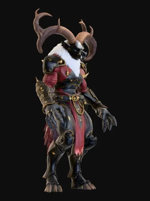 3D model for #Christmas2025#, German Krampus type Santa with no eyes, large horns adorned with gold riveted tip plates.  Give the Krampus a futuristic appearance with battle armor, muscular, wolf face and large muscular, ragged wings and a spikey tail with lizard scales.