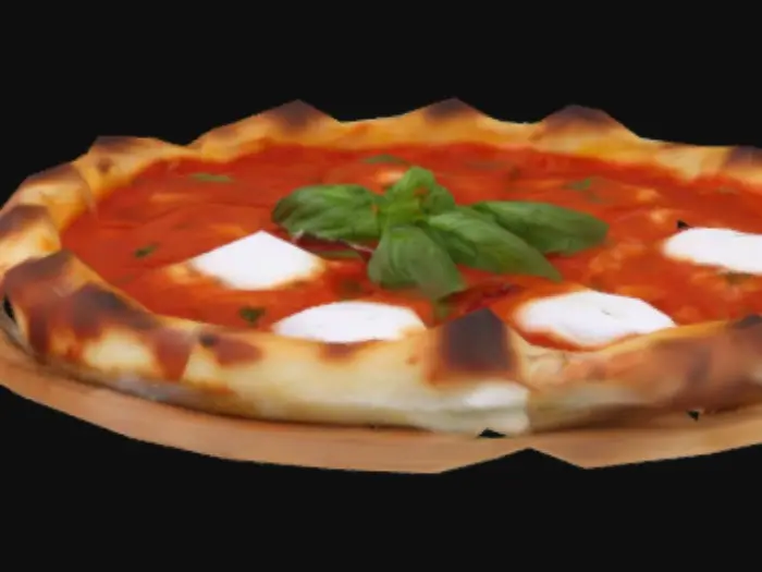 3D model for [New York City] #AroundTheWorld# the most delicious, steaming hot, margarita pizza ever with toasted bubbly crust, deep bright red tomato sauce, and glistening dabs of fresh mozzarella and 5 basil leaves 