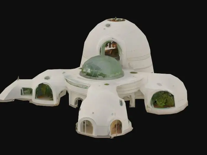 3D model for Futuristic moon base bubble structure, spherical observation decks on arching towers, airlocks, military markings, geodesic domes connected corridors, light grey and white, glass domes showing greenhouse plants inside, 5 living quarters, central pods for cafeteria, medical bay, classroom