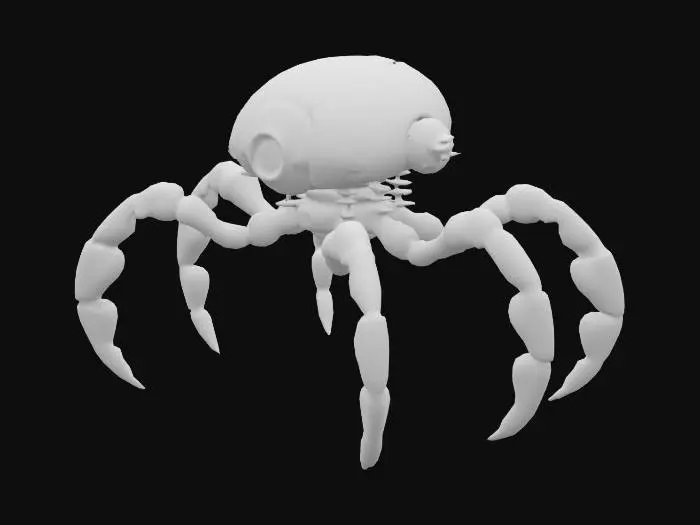 3D model for dark, metallic, armored, robotic-crustacean-inspired tripod Tribot from War of the Worlds brandishing its heat ray protruding from its underbelly, creepy, imposing, organic metal body, and giant, looming, glowing red sensor array like an evil eye shrouded by an upper carapace. it is tall, looming, the 3 legs are connected to the torso by a ring or sharp toroidal shape and sprout downward, sinuous and wild and jointed, almost like 3 skeletal snakes lashing about to create a walking motion