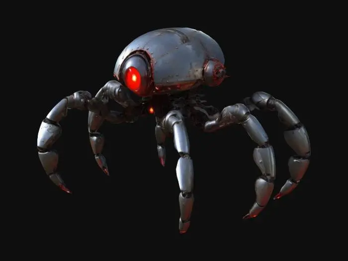 3D model for dark, metallic, armored, robotic-crustacean-inspired tripod Tribot from War of the Worlds brandishing its heat ray protruding from its underbelly, creepy, imposing, organic metal body, and giant, looming, glowing red sensor array like an evil eye shrouded by an upper carapace. it is tall, looming, the 3 legs are connected to the torso by a ring or sharp toroidal shape and sprout downward, sinuous and wild and jointed, almost like 3 skeletal snakes lashing about to create a walking motion