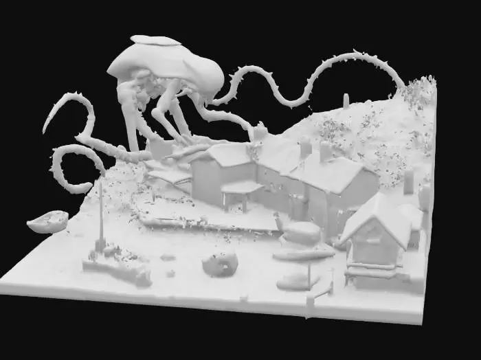 3D model for A highly-detailed diorama of a small New England port town being attacked by a giant alien robot emerging from the sea, the military is trying to stop it but failing. looks like Norman Rockwell, the Iron Giant, and War of the Worlds 