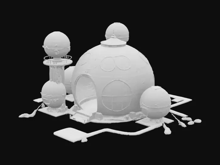 3D model for Futuristic moon base bubble structure, spherical observation decks on arching towers, airlocks, military markings, geodesic domes connected corridors, light grey and white, glass domes showing greenhouse plants inside, 5 living quarters, central pods for cafeteria, medical bay, classroom
