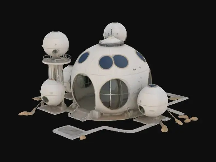 3D model for Futuristic moon base bubble structure, spherical observation decks on arching towers, airlocks, military markings, geodesic domes connected corridors, light grey and white, glass domes showing greenhouse plants inside, 5 living quarters, central pods for cafeteria, medical bay, classroom