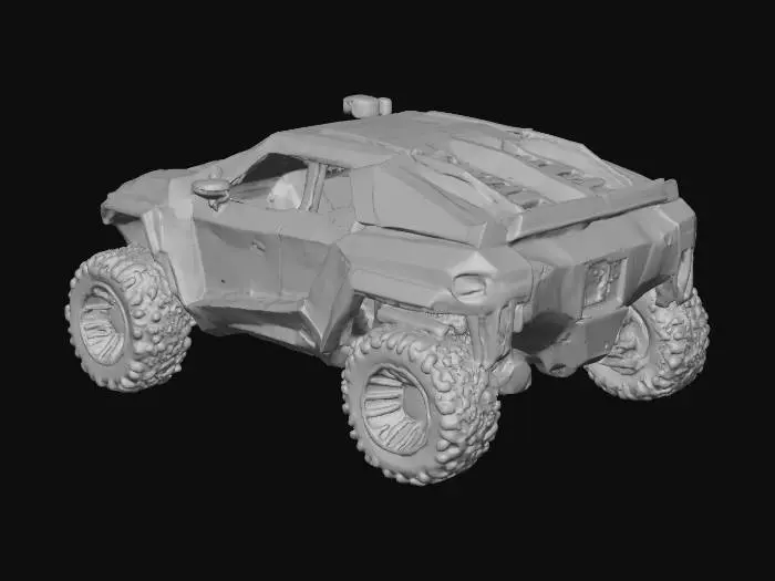 3D model for A futuristic, angular off-road vehicle with a low-slung, boxy matte aluminum body composed of sharp, faceted panels. Its matte black, grey, and white surfaces are angular, contrasting with the dark, red tinted windows. The vehicle features substantial, multi-layered wheels with intricate, chunky, geometric spokes that appear robust and deeply textured, suggesting a durable, industrial-grade material like composite or heavy-duty metal and align with its substantial, chunky, off-road tread. Its overall structure is wide and grounded, conveying a sense of stability and raw power. This vehicle looks like it could be equally at home in a dakar, the moon, or Arrakis 