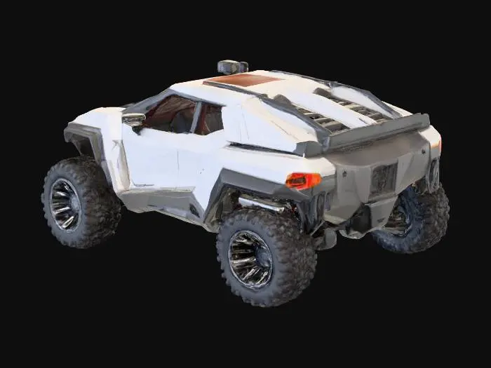 3D model for A futuristic, angular off-road vehicle with a low-slung, boxy matte aluminum body composed of sharp, faceted panels. Its matte black, grey, and white surfaces are angular, contrasting with the dark, red tinted windows. The vehicle features substantial, multi-layered wheels with intricate, chunky, geometric spokes that appear robust and deeply textured, suggesting a durable, industrial-grade material like composite or heavy-duty metal and align with its substantial, chunky, off-road tread. Its overall structure is wide and grounded, conveying a sense of stability and raw power. This vehicle looks like it could be equally at home in a dakar, the moon, or Arrakis 