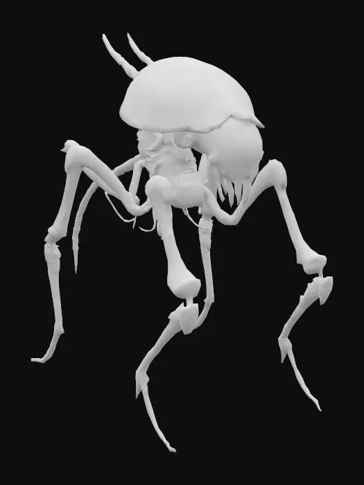 3D model for brightly textured Tribot from War of the Worlds brandishing its heat ray, creepy, imposing, organic metal body, and giant, looming, glowing red eye shrouded by an upper shell. the 3 legs are sinuous and jointed, almost like a snake's skeleton