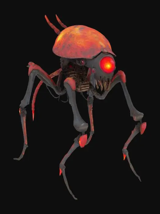 3D model for brightly textured Tribot from War of the Worlds brandishing its heat ray, creepy, imposing, organic metal body, and giant, looming, glowing red eye shrouded by an upper shell. the 3 legs are sinuous and jointed, almost like a snake's skeleton