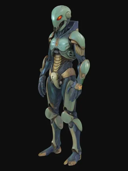 3D model for Biopunk organic armored full body humanoid character concept with painterly realistic shading, matte and gloss highlights on joints. Organic, Samus Metroid, Giger alien style holes and ribbed details, doom, 40k, Alien
