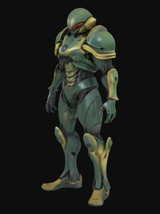 3D model for Biopunk organic armored full body humanoid character concept with painterly realistic shading, matte and gloss highlights on joints. Organic, Samus Metroid, Giger alien style holes and ribbed details, doom, 40k, Alien
