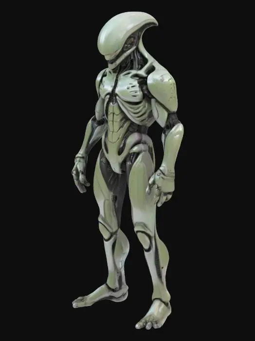 3D model for Biopunk organic armored full body humanoid character concept with painterly realistic shading, matte and gloss highlights on joints. Organic, Samus Metroid, Giger alien style holes and ribbed details, doom, 40k, Alien
