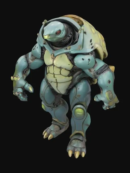3D model for Biopunk organic armored full body humanoid turtle character concept with painterly realistic shading, matte and gloss highlights on joints. Organic, Samus Metroid, Giger alien style holes and ribbed details, doom, 40k, Alien
