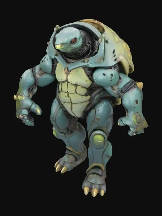 3D model for Biopunk organic armored full body humanoid turtle character concept with painterly realistic shading, matte and gloss highlights on joints. Organic, Samus Metroid, Giger alien style holes and ribbed details, doom, 40k, Alien
