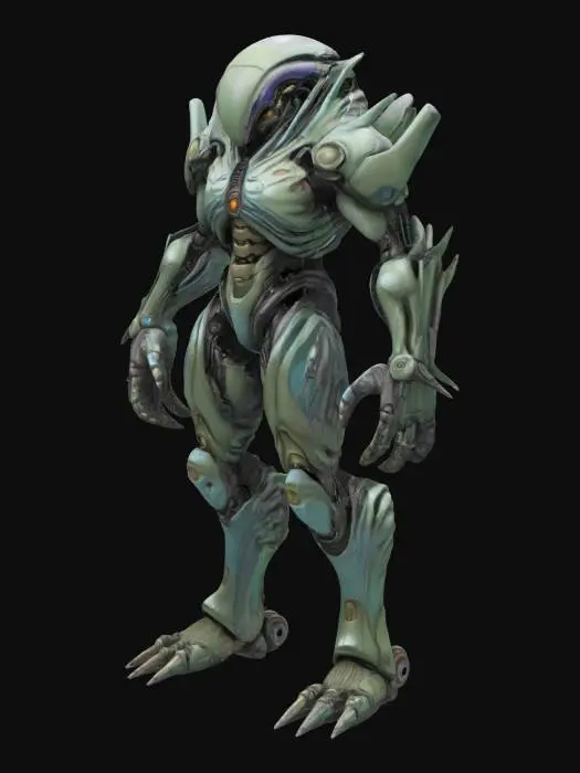 3D model for Biopunk organic armored full body humanoid character concept with painterly realistic shading, matte and gloss highlights on joints. Organic, Samus Metroid, Giger alien style holes and ribbed details, doom, 40k, Alien
