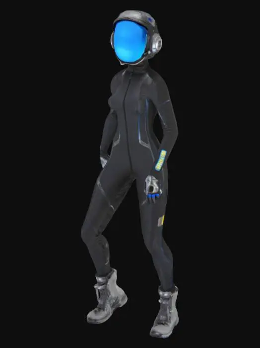 3D model for mysterious, alluring, full-bodied, athletic female adventurer, in tight-fitting high tech flightsuit, racing coveralls, racer pilot, racecar driver, astronaut, sharp, hi-tech racing helmet with shiny blue reflective visor, tight-fitting gloves, boots with metal bits, A-pose
