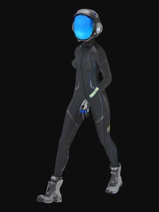 3D model for mysterious, alluring, full-bodied, athletic female adventurer, in tight-fitting high tech flightsuit, racing coveralls, racer pilot, racecar driver, astronaut, sharp, hi-tech racing helmet with shiny blue reflective visor, tight-fitting gloves, boots with metal bits, A-pose