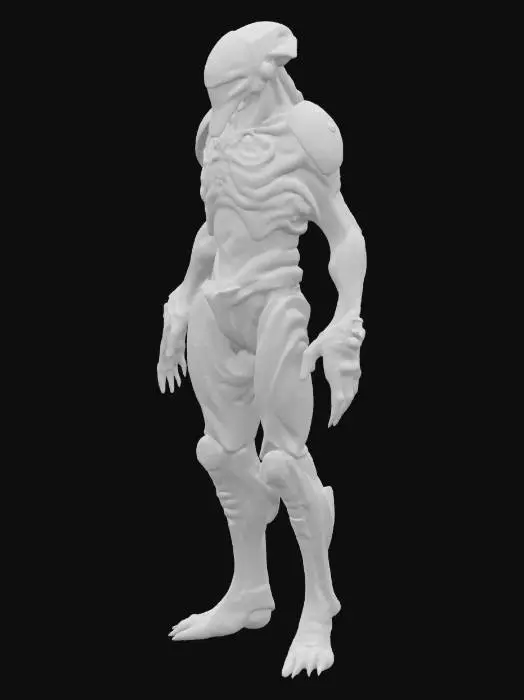 3D model for Biopunk organic armored full body humanoid character concept with painterly realistic shading, matte and gloss highlights on joints. Organic, Samus Metroid, Giger alien style holes and ribbed details, doom, 40k, Alien
