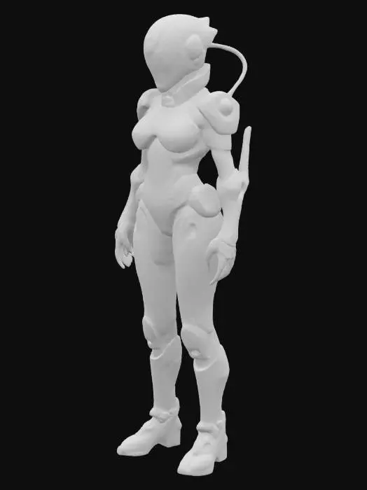 3D model for Biopunk organic armored full body female humanoid character concept with painterly realistic shading, gloss highlights on armor panels, matte finish on joints. Cream-colored armor with burnt orange highlights and dark turquoise areas. Glossy reflective teal visor, Organic, Samus Metroid, Giger alien style holes and ribbed, jointed details
