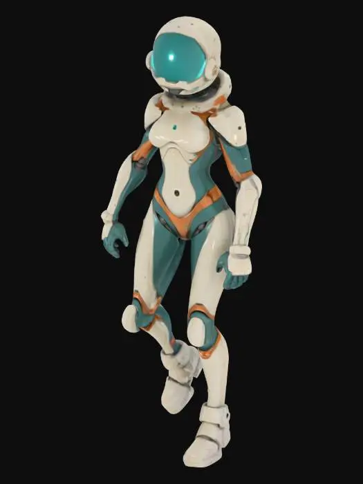 3D model for Biopunk organic armored full body female humanoid character concept with painterly realistic shading, gloss highlights on armor panels, matte finish on joints. Cream-colored armor with burnt orange highlights and dark turquoise areas. Glossy reflective teal visor, Organic, Samus Metroid, Giger alien style holes and ribbed, jointed details
