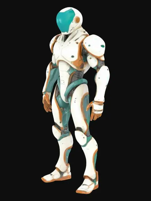 3D model for Biopunk organic armored full body male humanoid character concept with painterly realistic shading, gloss highlights on armor panels, matte finish on joints. Cream-colored armor with burnt orange highlights and dark turquoise areas. Glossy reflective teal visor, Organic, Samus Metroid, Giger alien style holes and ribbed, jointed details
