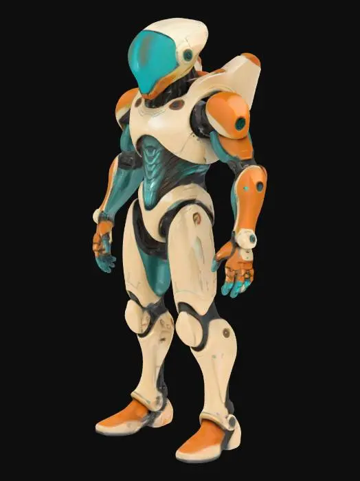 3D model for Biopunk organic armored full body male humanoid character concept with painterly realistic shading, gloss highlights on armor panels, matte finish on joints. Cream-colored armor with burnt orange highlights and dark turquoise areas. Glossy reflective teal visor, Organic, Samus Metroid, Giger alien style holes and ribbed, jointed details
