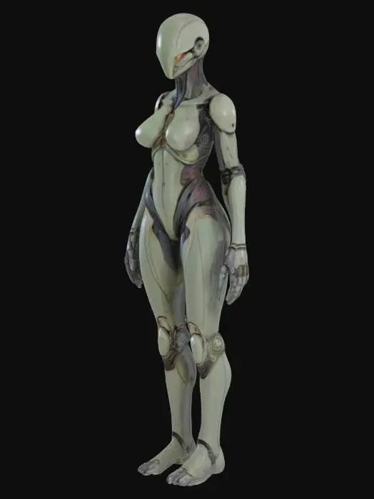 3D model for Biopunk organic armored full body humanoid female character concept with painterly realistic shading, matte and gloss highlights on joints. Organic, Samus Metroid, Giger alien style holes and ribbed details, doom, 40k, Alien
