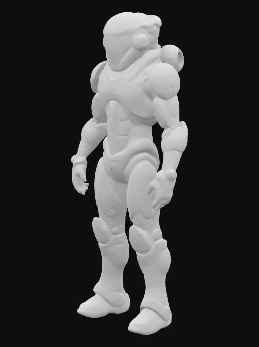 3D model for Biopunk organic armored full body male humanoid character concept with painterly realistic shading, gloss highlights on armor panels, matte finish on joints. Cream-colored armor with burnt orange highlights and dark turquoise areas. Glossy reflective teal visor, Organic, Samus Metroid, Giger alien style holes and ribbed, jointed details
