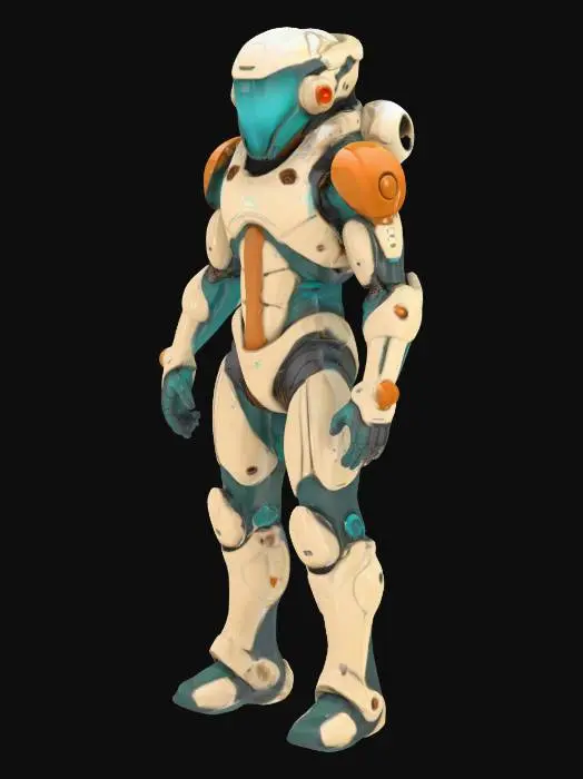 3D model for Biopunk organic armored full body male humanoid character concept with painterly realistic shading, gloss highlights on armor panels, matte finish on joints. Cream-colored armor with burnt orange highlights and dark turquoise areas. Glossy reflective teal visor, Organic, Samus Metroid, Giger alien style holes and ribbed, jointed details
